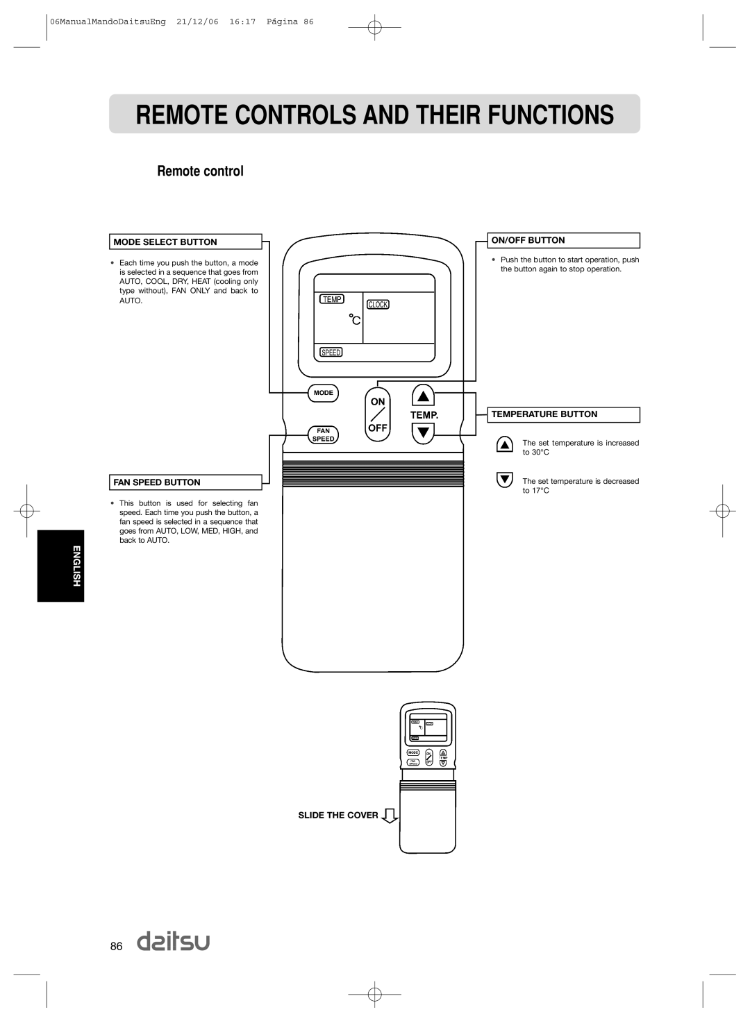 Daitsu ASD 9U2, ASD 129U11 operation manual Remote Controls and Their Functions, Remote control 