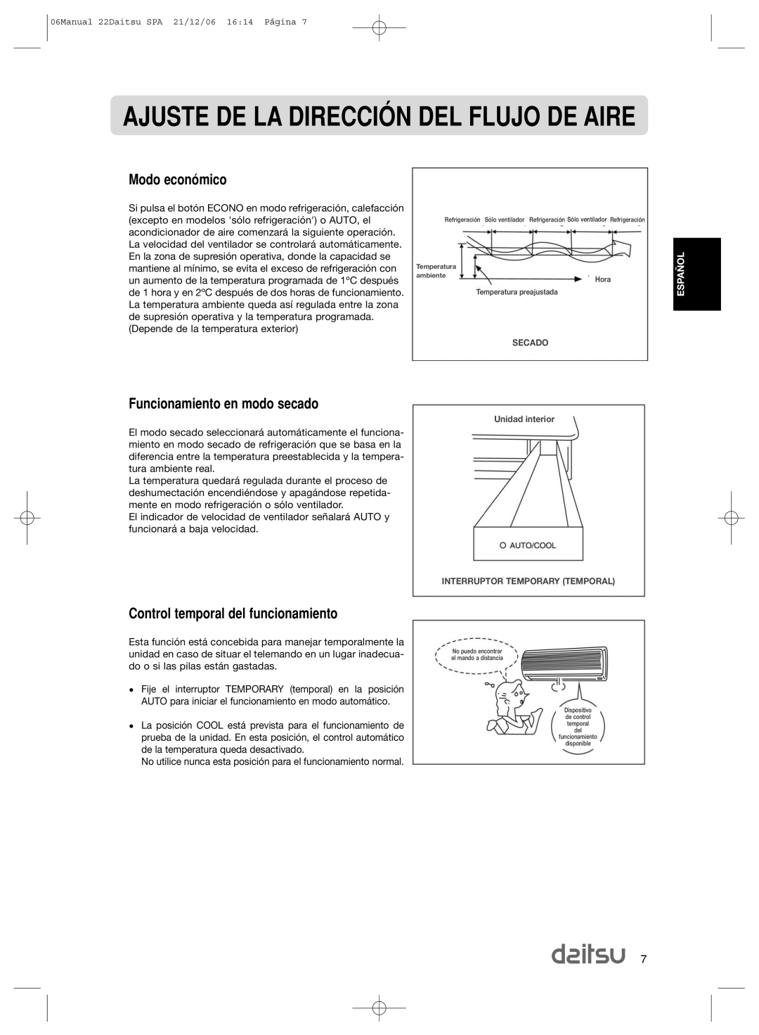 Daitsu ASD 129U11, ASD 9U2 Modo econ-mico, Funcionamiento en modo secado, Control temporal del funcionamiento 