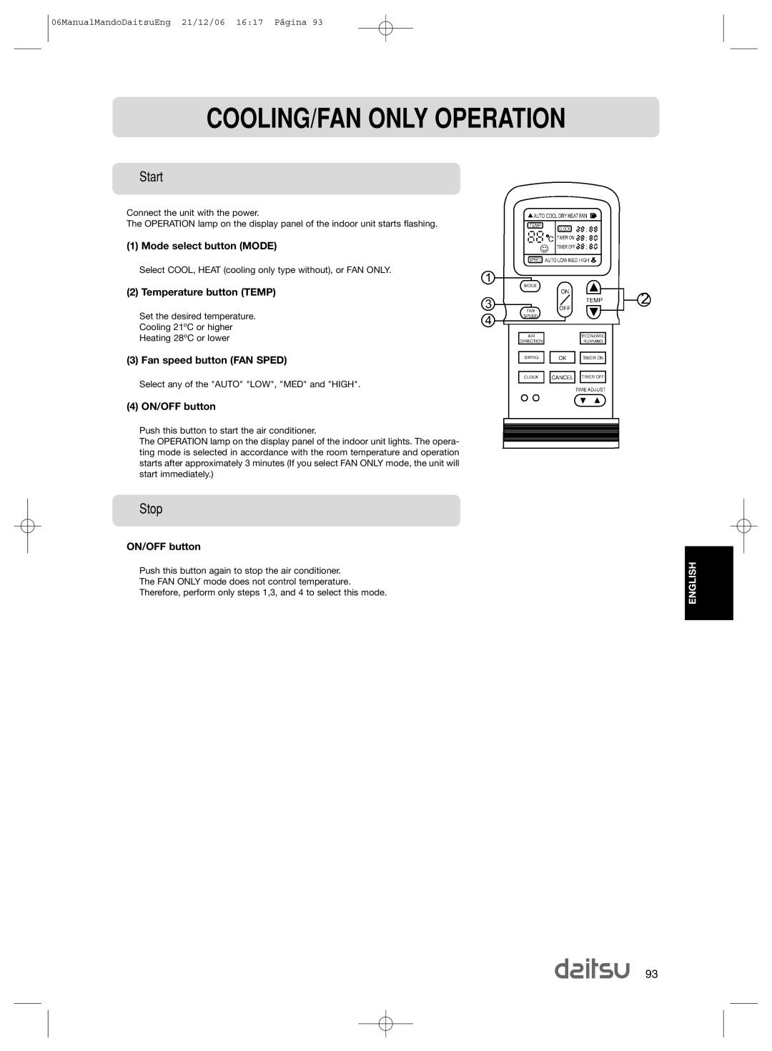 Daitsu ASD 129U11, ASD 9U2 operation manual COOLING/FAN only Operation, Fan speed button FAN Sped 