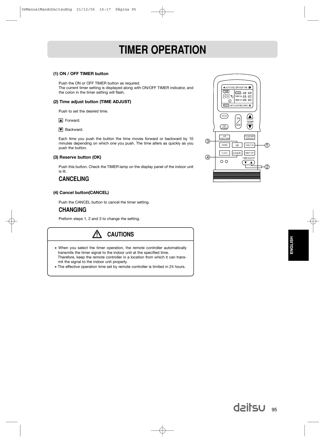 Daitsu ASD 129U11, ASD 9U2 operation manual Timer Operation, Canceling, Changing 