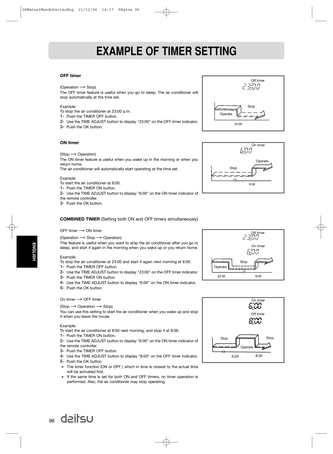 Daitsu ASD 9U2, ASD 129U11 operation manual Example of Timer Setting, OFF timer, On timer 