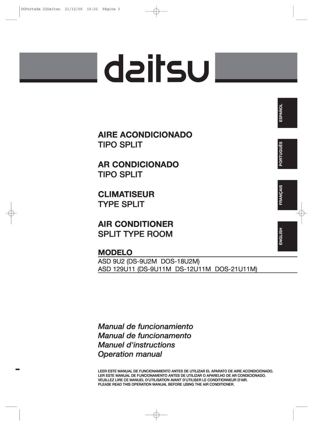 Daitsu ASD 129U11 operation manual Aire Acondicionado, Tipo Split, Ar Condicionado, Climatiseur, Type Split, Modelo 