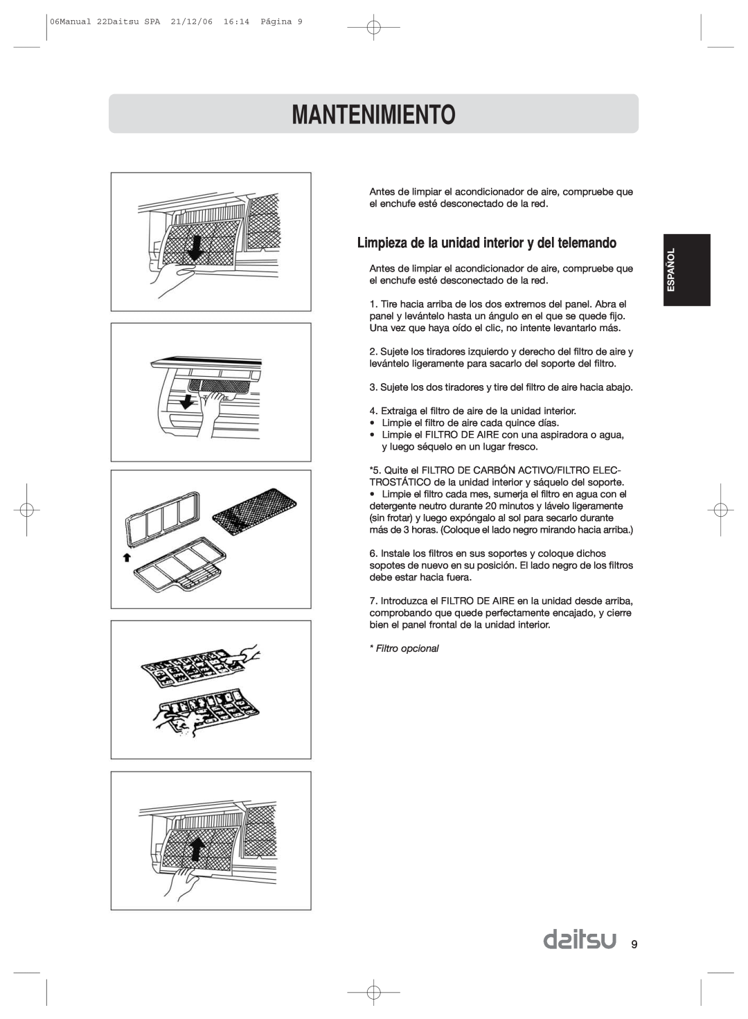 Daitsu ASD 129U11, ASD 9U2 operation manual Mantenimiento, Limpieza de la unidad interior y del telemando, Filtro opcional 