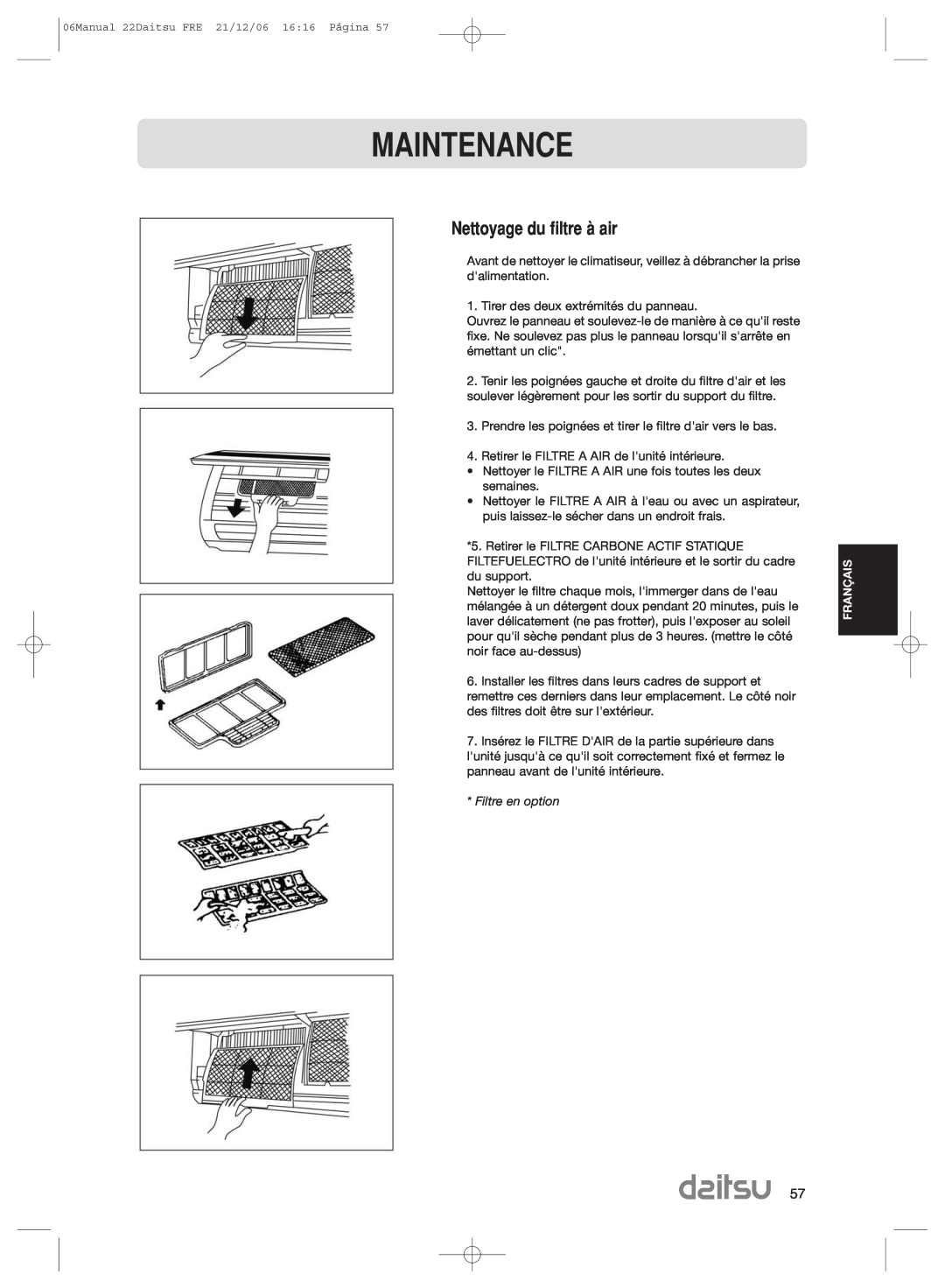 Daitsu ASD 129U11, ASD 9U2 operation manual Nettoyage du filtre ˆ air, Maintenance, Filtre en option 