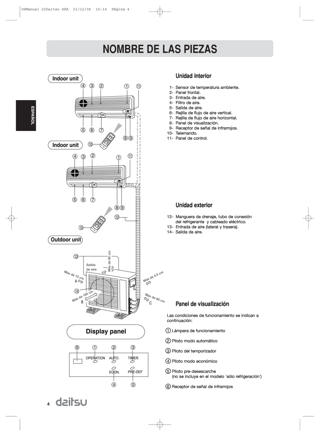Daitsu ASD 9U2, ASD 129U11 operation manual Nombre De Las Piezas, Unidad interior, Unidad exterior, Panel de visualizaci-n 