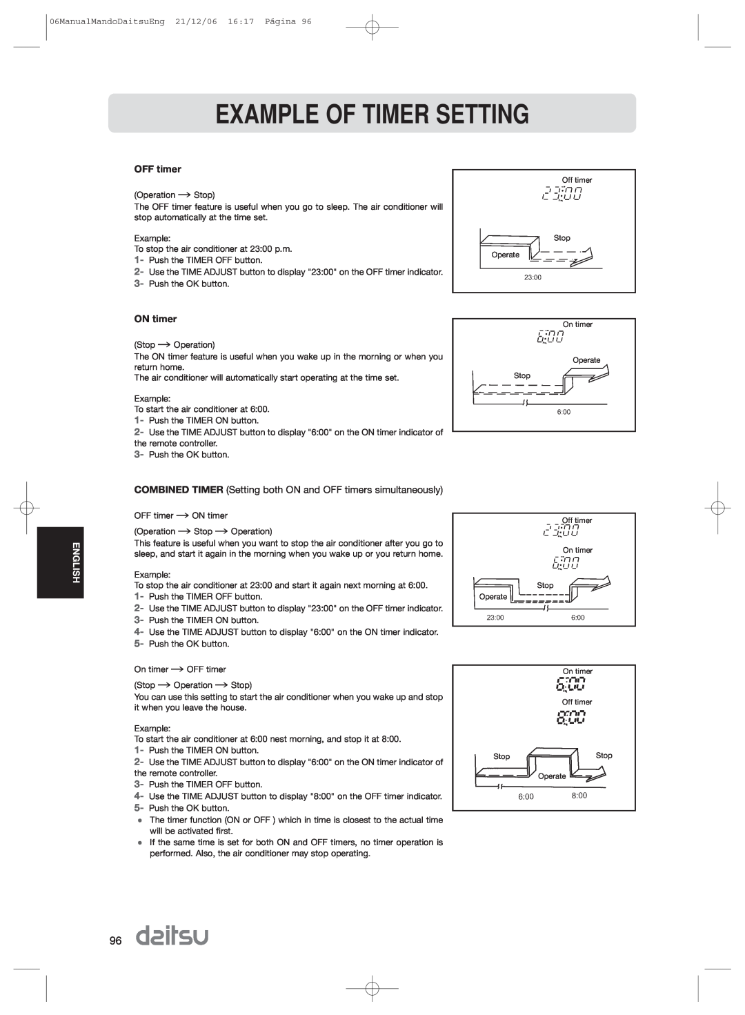 Daitsu ASD 9U2, ASD 129U11 operation manual Example Of Timer Setting, OFF timer, ON timer, English 