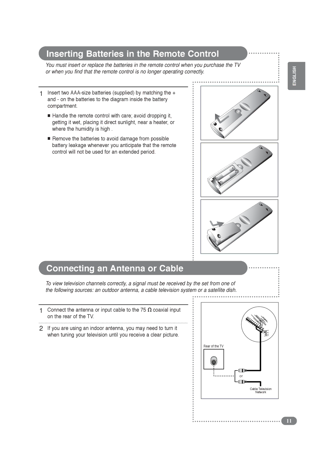 Daitsu LCD 32 manual Inserting Batteries in the Remote Control, Connecting an Antenna or Cable 