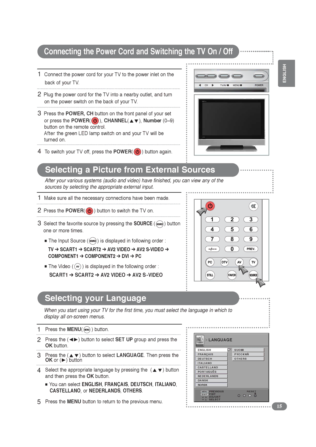 Daitsu LCD 32 manual Connecting the Power Cord and Switching the TV On / Off, Selecting your Language 