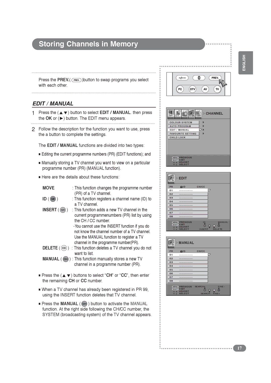 Daitsu LCD 32 manual PR of a TV channel, CH / CC number, Channel in the programme numberPR, Want to list 