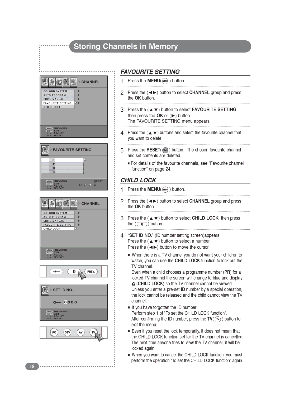 Daitsu LCD 32 manual Favourite Setting menu appears, Button, SET ID NO. ID number setting screenappears Press 