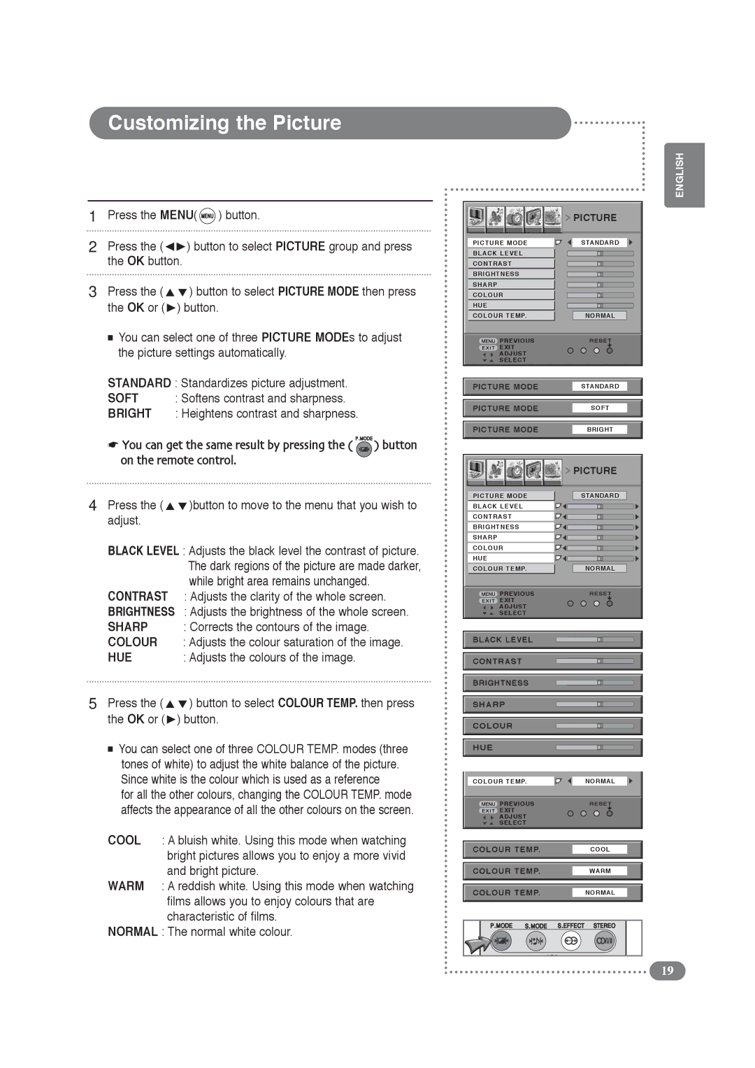 Daitsu LCD 32 manual Customizing the Picture, Softens contrast and sharpness, Heightens contrast and sharpness 