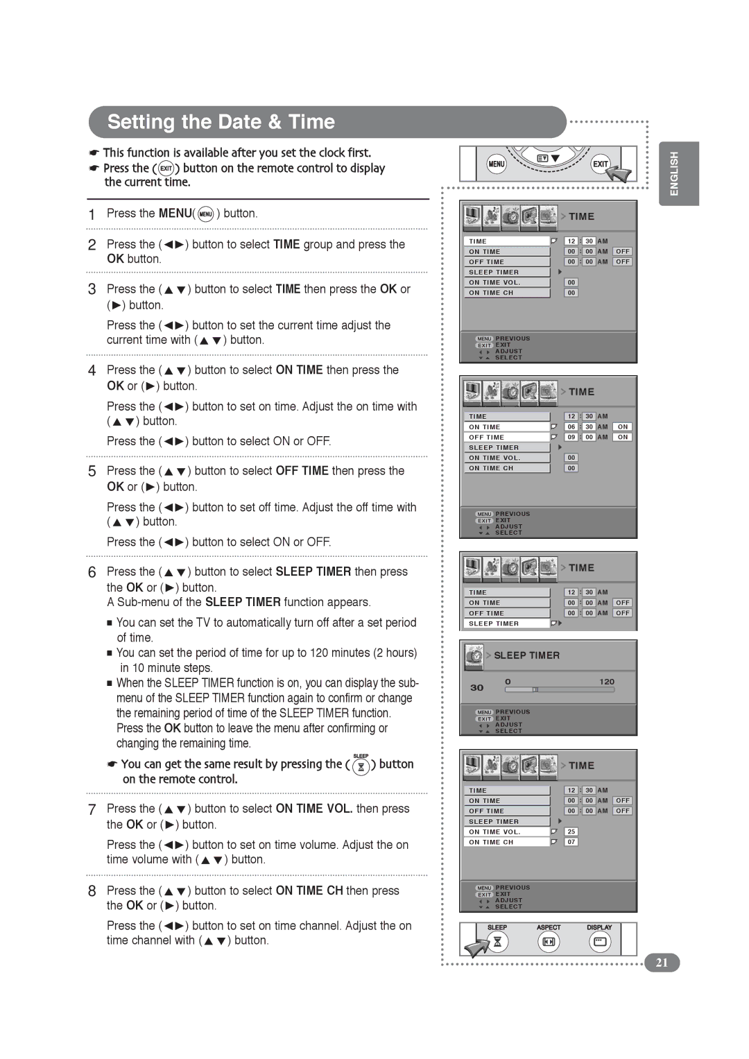 Daitsu LCD 32 manual Setting the Date & Time, Button Press Button to select on or OFF, OK or Button Press 