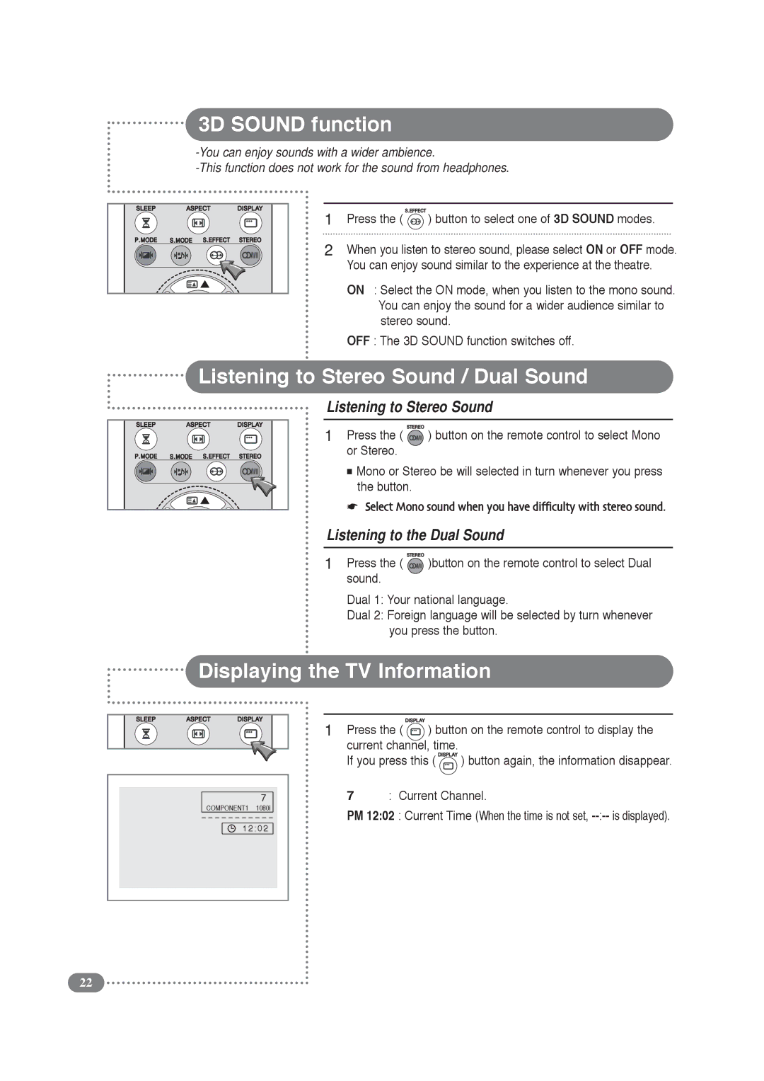 Daitsu LCD 32 manual 3D Sound function, Listening to Stereo Sound / Dual Sound, Displaying the TV Information 