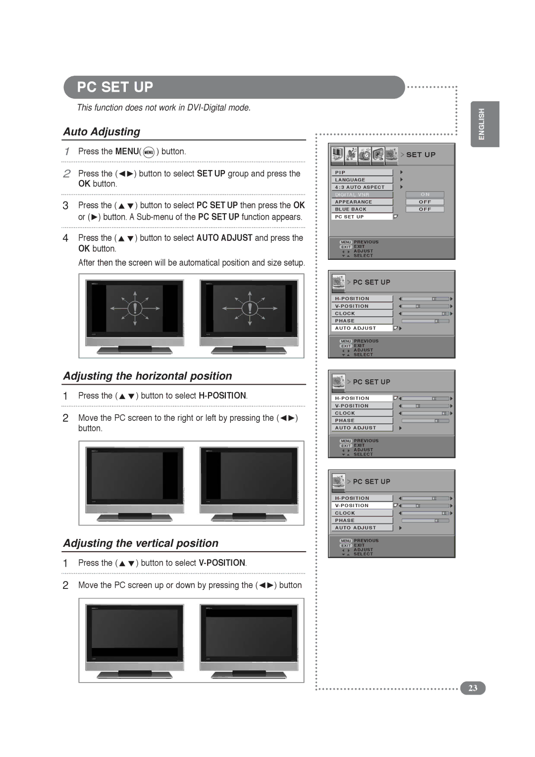 Daitsu LCD 32 manual Auto Adjusting, Adjusting the horizontal position, Adjusting the vertical position 