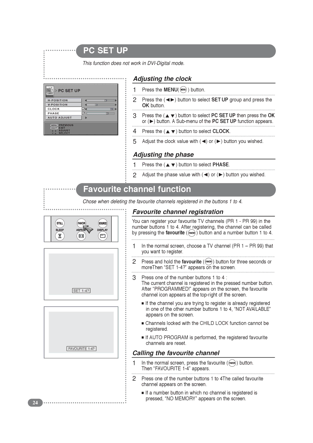 Daitsu LCD 32 manual Favourite channel function, Adjusting the clock, Adjusting the phase, Favourite channel registration 