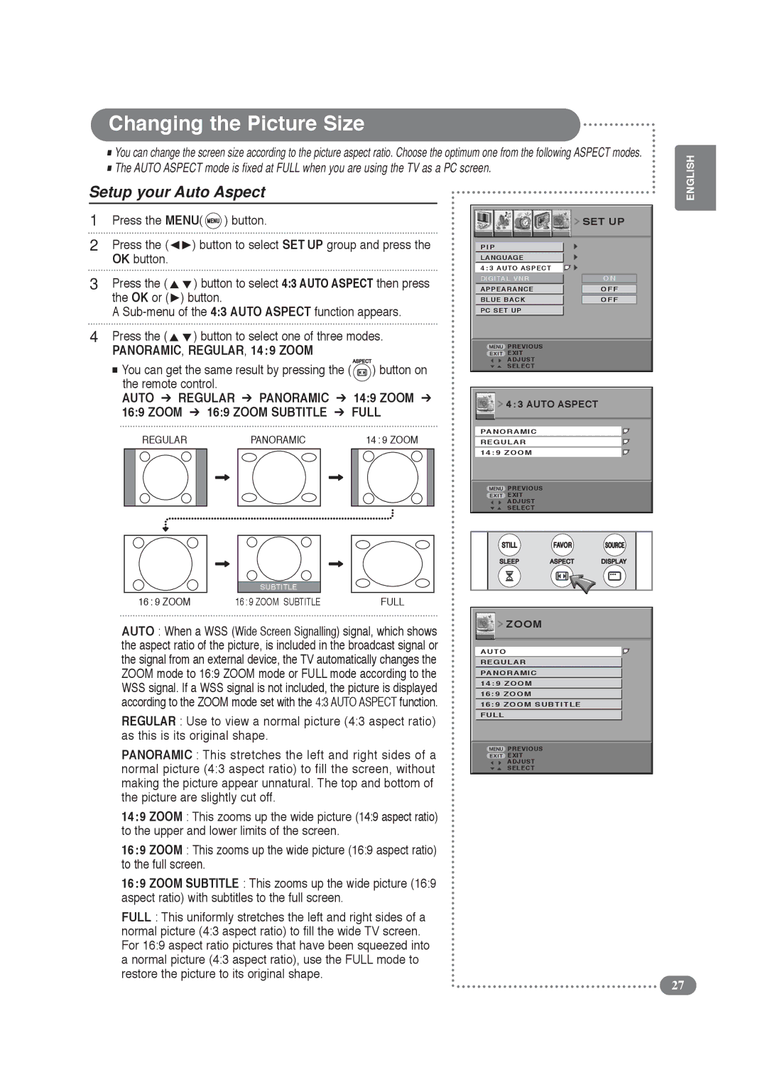 Daitsu LCD 32 manual Changing the Picture Size, Setup your Auto Aspect, Button on, Remote control 