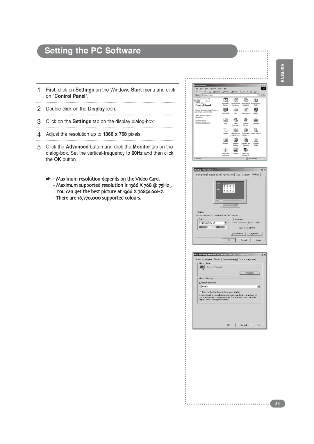 Daitsu LCD 32 manual Setting the PC Software, Maximum resolution depends on the Video Card 