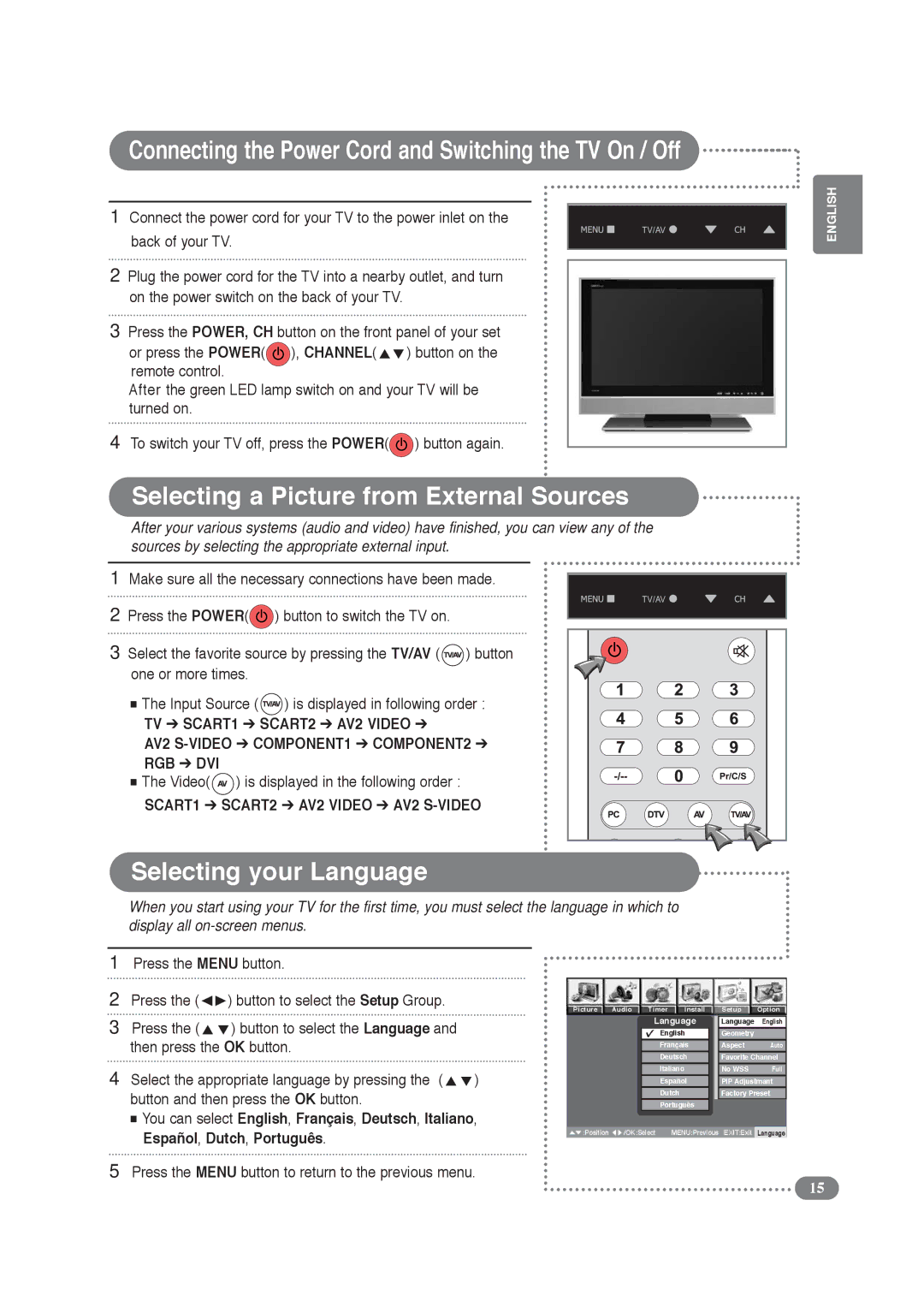 Daitsu LCD Display & TV manual Connecting the Power Cord and Switching the TV On / Off, Selecting your Language 