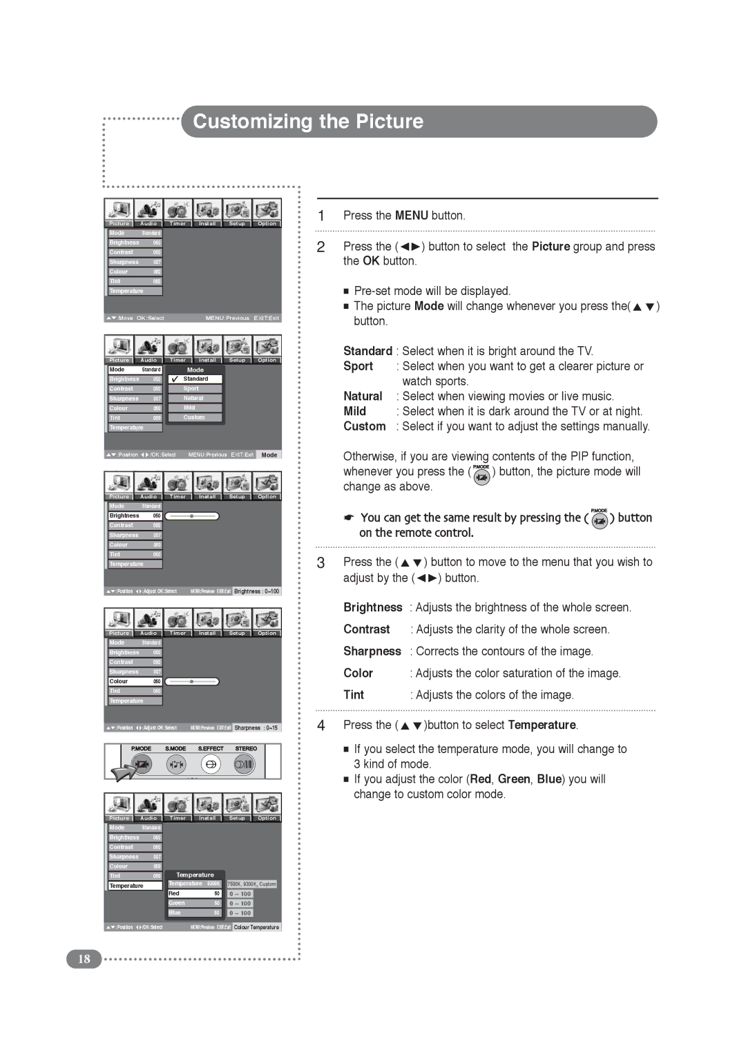 Daitsu LCD Display & TV manual Customizing the Picture, Contrast, Sharpness Corrects the contours of the image, Color 