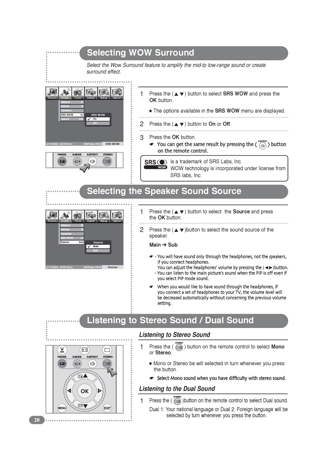 Daitsu LCD Display & TV Selecting WOW Surround, Selecting the Speaker Sound Source, Listening to Stereo Sound / Dual Sound 