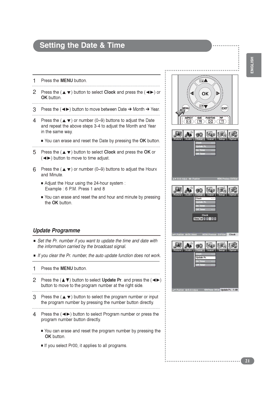 Daitsu LCD Display & TV manual Setting the Date & Time, Update Programme, Button to move to time adjust, Minute, Clock 