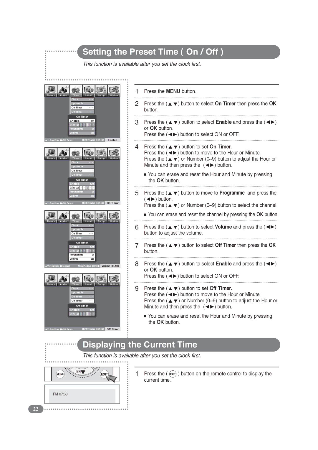 Daitsu LCD Display & TV manual Setting the Preset Time On / Off, Displaying the Current Time, Button Press 