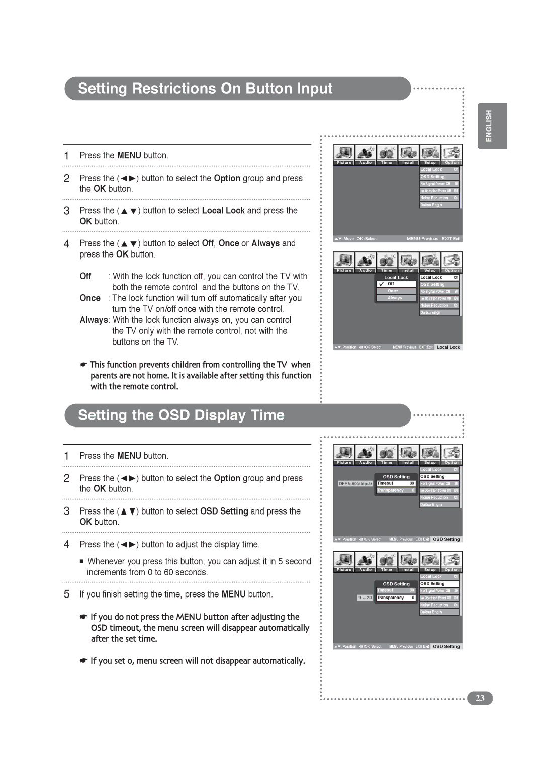 Daitsu LCD Display & TV manual Setting Restrictions On Button Input, Setting the OSD Display Time, Local Lock 