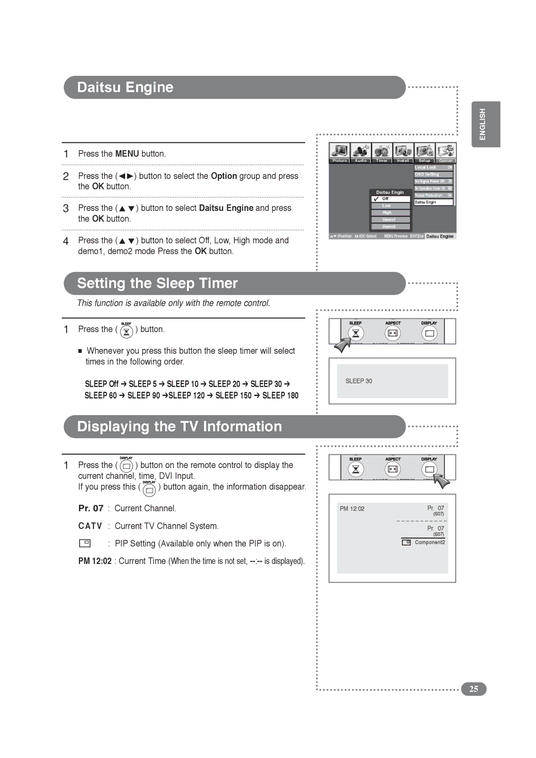 Daitsu LCD Display & TV Setting the Sleep Timer, Displaying the TV Information, Demo1, demo2 mode Press the OK button 