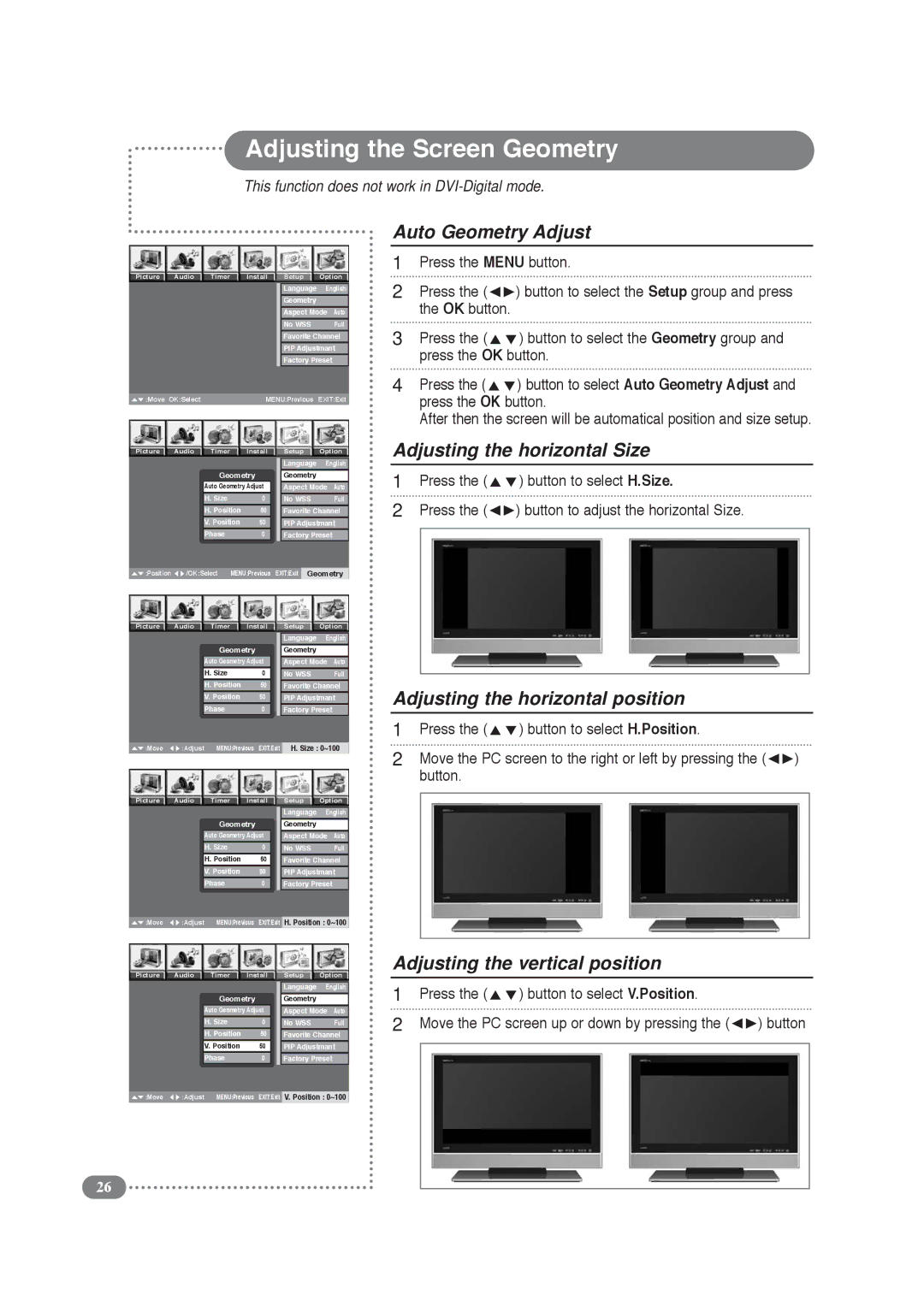 Daitsu LCD Display & TV manual Adjusting the Screen Geometry, Auto Geometry Adjust, Adjusting the horizontal Size 