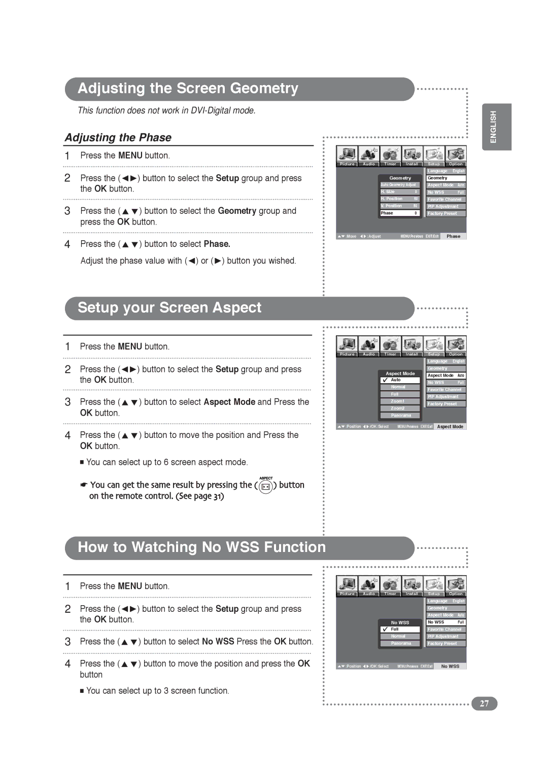 Daitsu LCD Display & TV manual Setup your Screen Aspect, How to Watching No WSS Function, Adjusting the Phase 