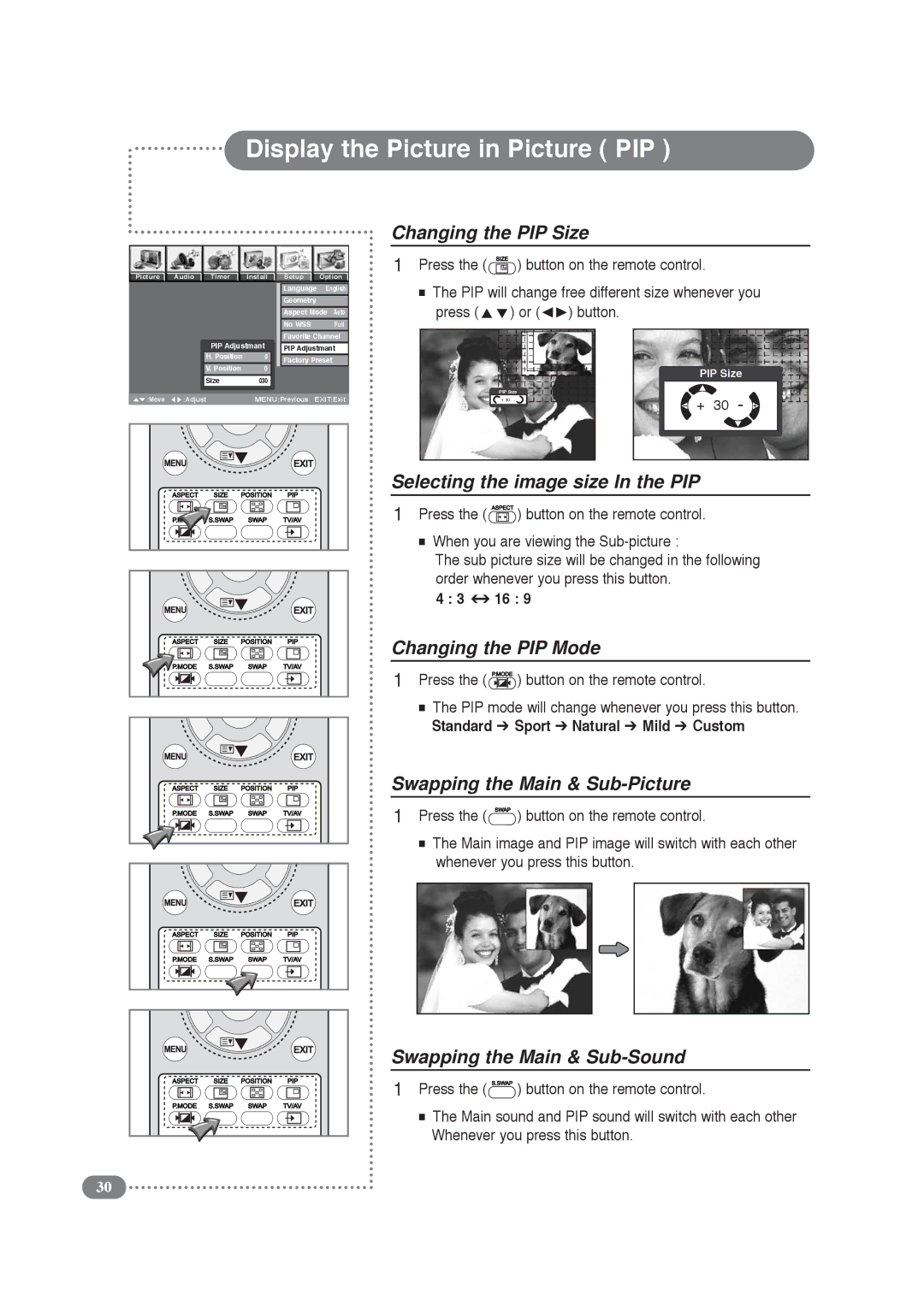 Daitsu LCD Display & TV manual Changing the PIP Size, Selecting the image size In the PIP, Changing the PIP Mode 