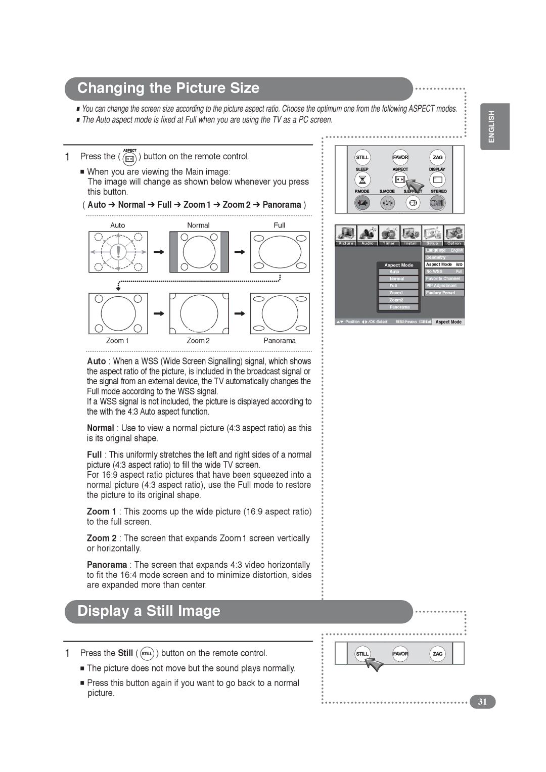 Daitsu LCD Display & TV manual Changing the Picture Size, Display a Still Image, Auto Normal Full Zoom1 Zoom 2 Panorama 