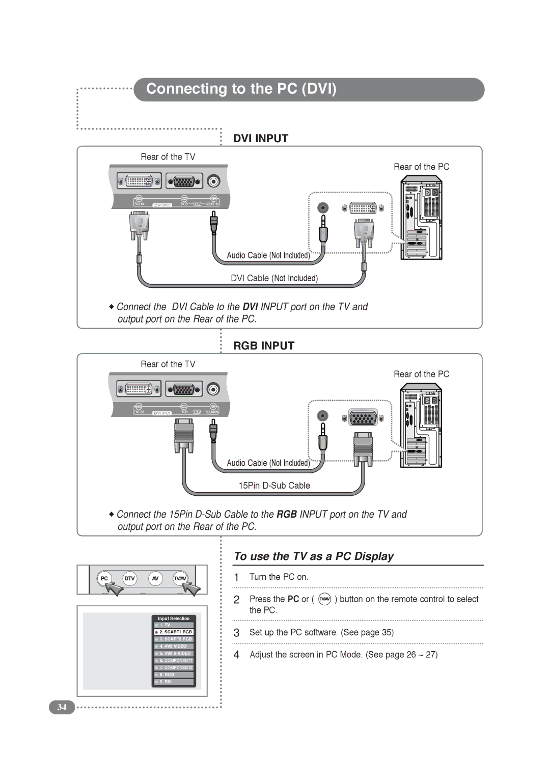 Daitsu LCD Display & TV manual Connecting to the PC DVI, To use the TV as a PC Display, Input Selection 