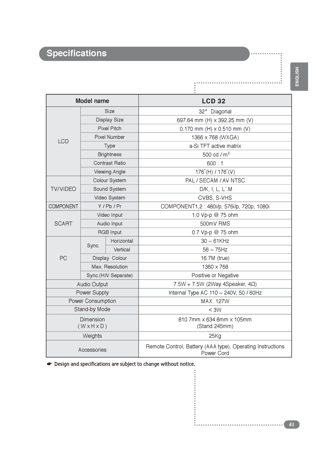 Daitsu LCD Display & TV manual Specifications 