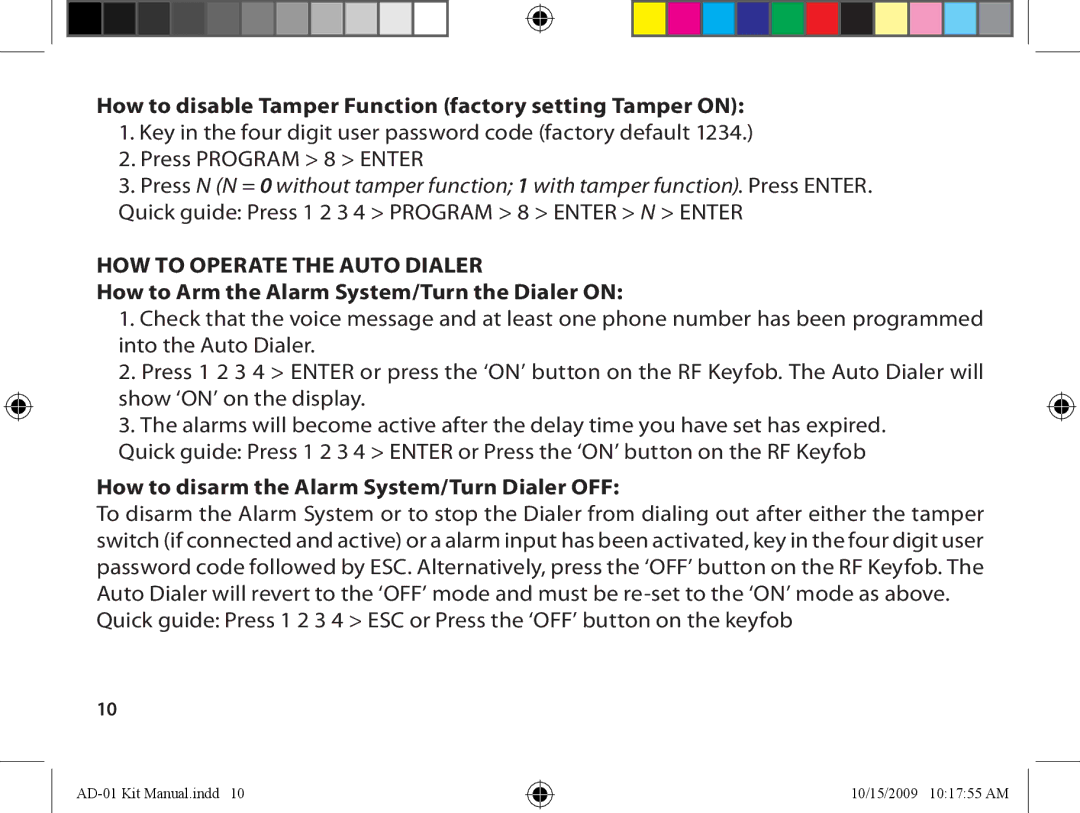 Dakota Alert AD-01 Kit Auto Dialer owner manual How to disable Tamper Function factory setting Tamper on 