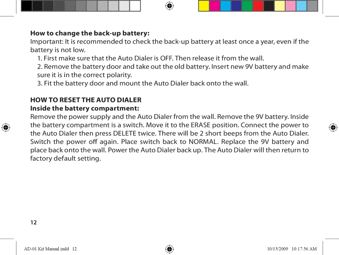 Dakota Alert AD-01 How to change the back-up battery, How to reset the Auto Dialer Inside the battery compartment 