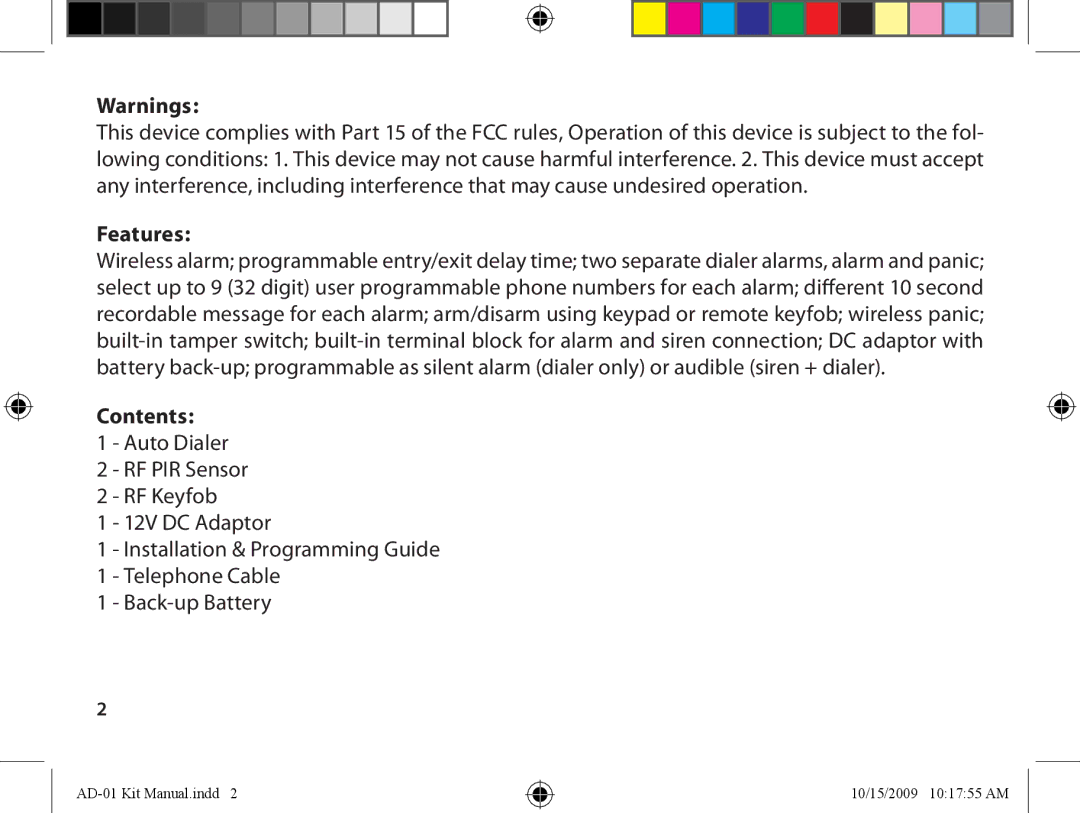 Dakota Alert AD-01 Kit Auto Dialer owner manual Features, Contents 