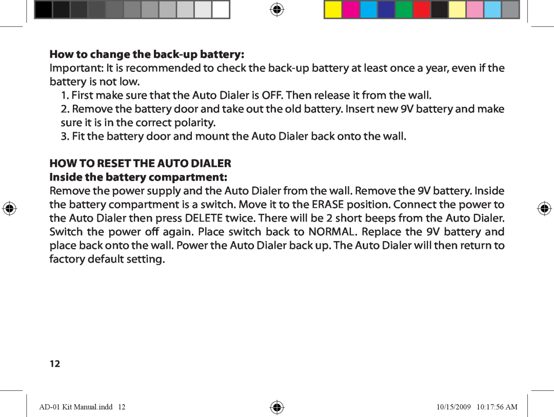 Dakota Alert AD-01 How to change the back-upbattery, How to reset the Auto Dialer, Inside the battery compartment 