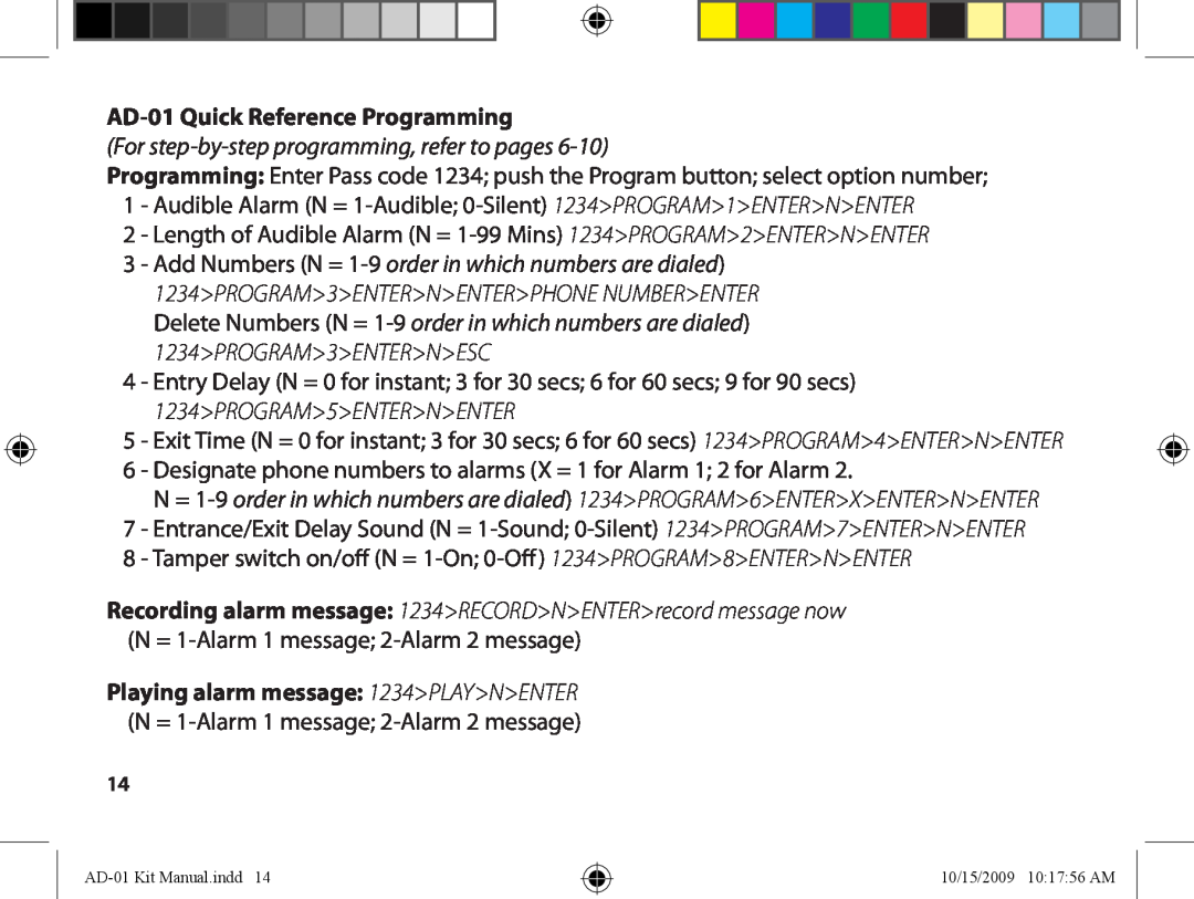 Dakota Alert AD-01Quick Reference Programming, For step-by-stepprogramming, refer to pages, PROGRAM 5 ENTER N ENTER 