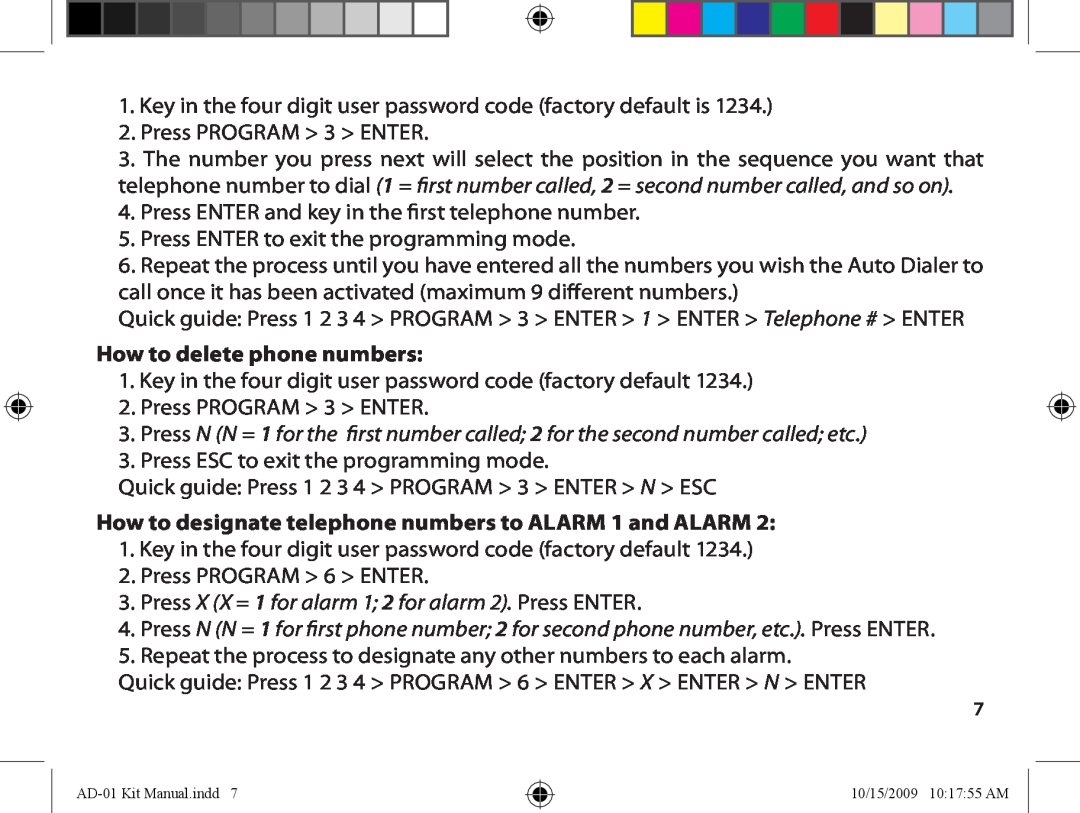 Dakota Alert AD-01 Kit Auto Dialer owner manual How to delete phone numbers 
