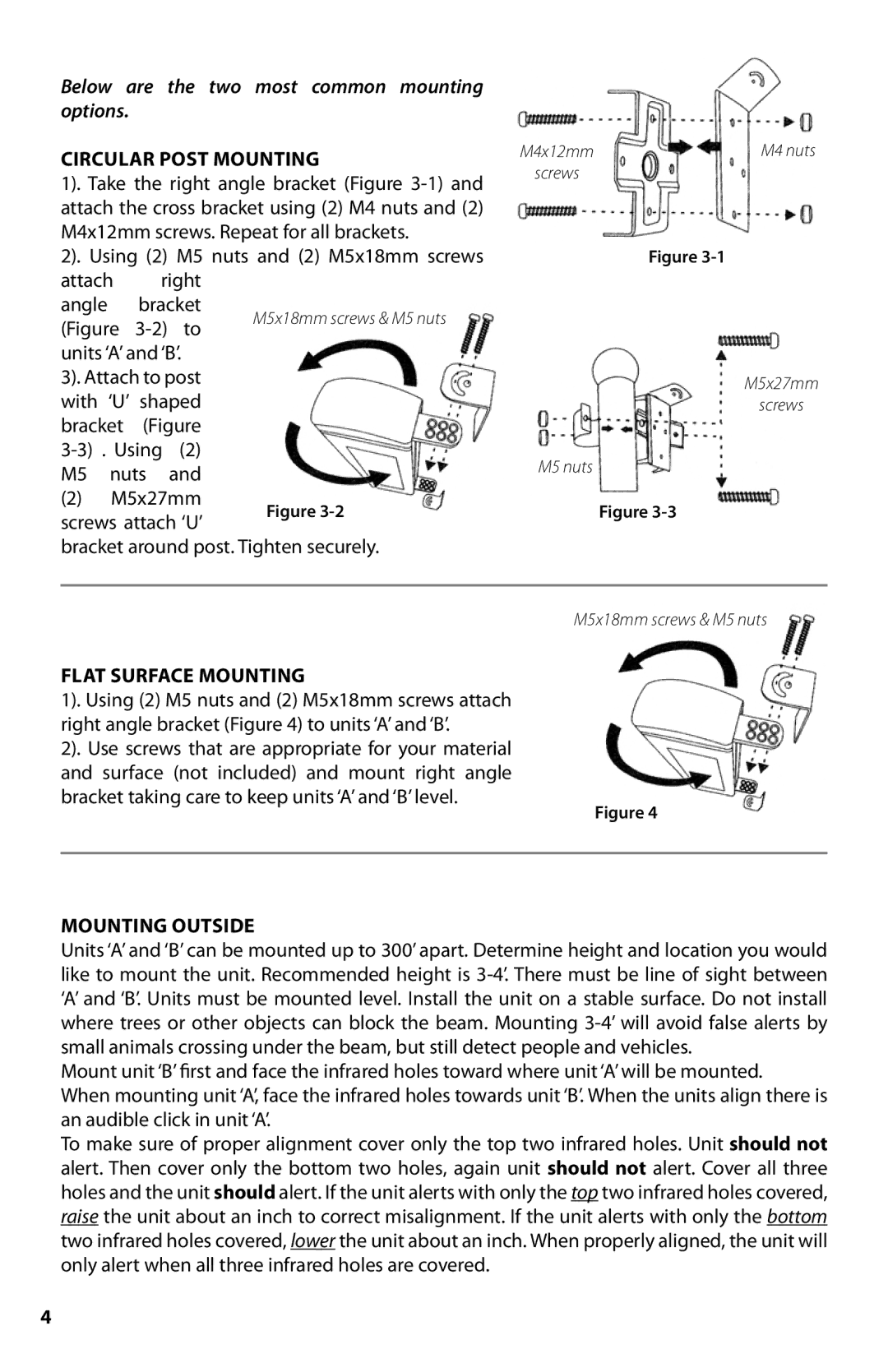 Dakota Alert BBT-2500 manual Circular Post Mounting, M5x27mm Screws attach ‘U’, Flat Surface Mounting, Mounting Outside 