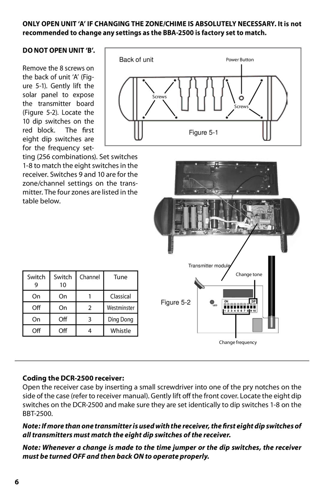 Dakota Alert BBT-2500 manual Do not Open Unit ‘B’, Coding the DCR-2500 receiver 