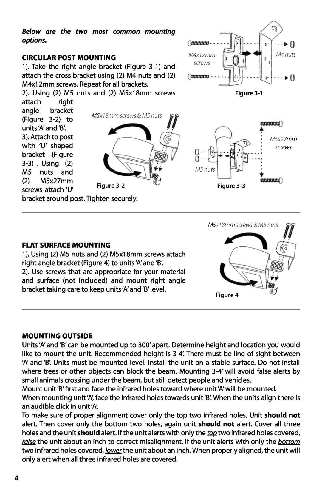 Dakota Alert BBT-2500 manual Circular Post Mounting, 2 M5x27mm, screws attach ‘U’, Flat Surface Mounting, Mounting Outside 