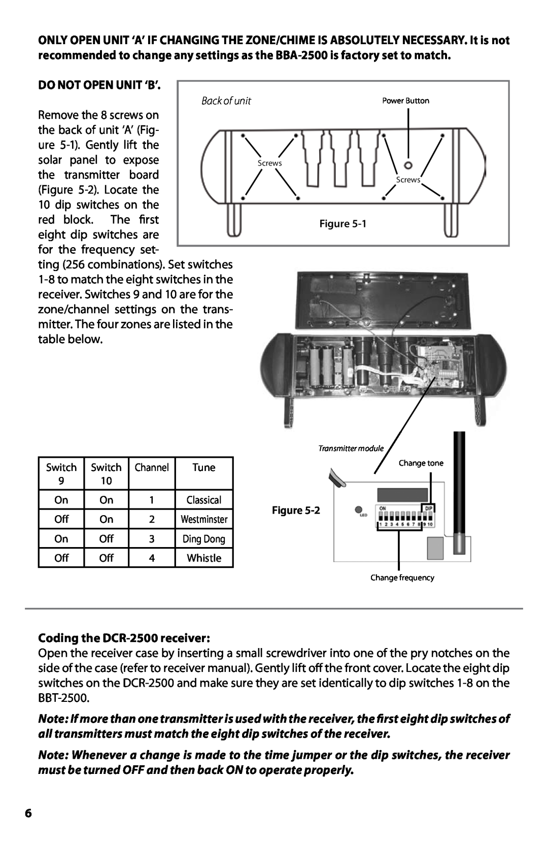 Dakota Alert BBT-2500 manual Do Not Open Unit ‘B’, Coding the DCR-2500receiver 