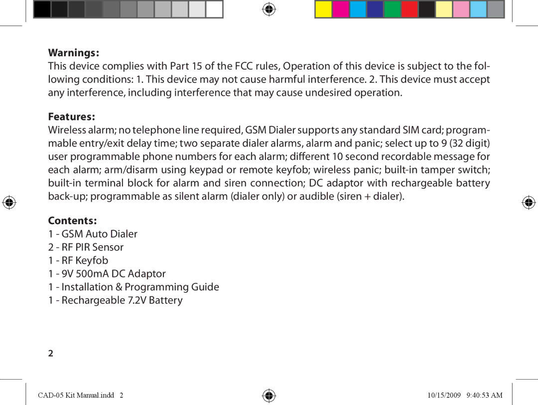 Dakota Alert CAD-05 Kit GSM, Auto Dialer owner manual Features, Contents 