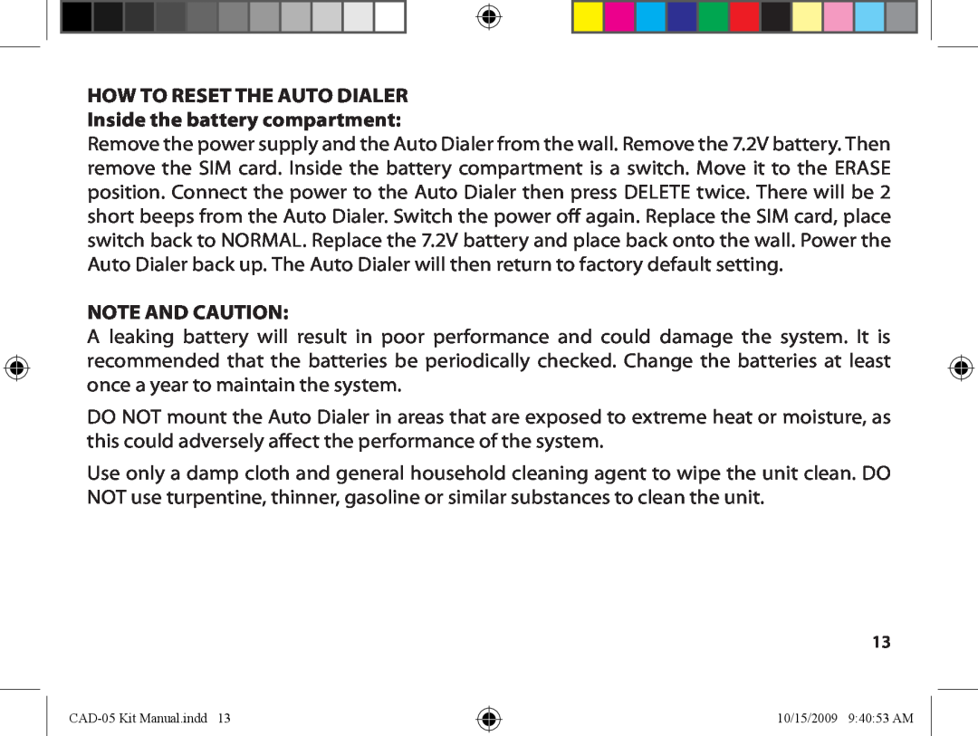 Dakota Alert CAD-05 Kit GSM owner manual How to reset the Auto Dialer, Inside the battery compartment, Note and Caution 