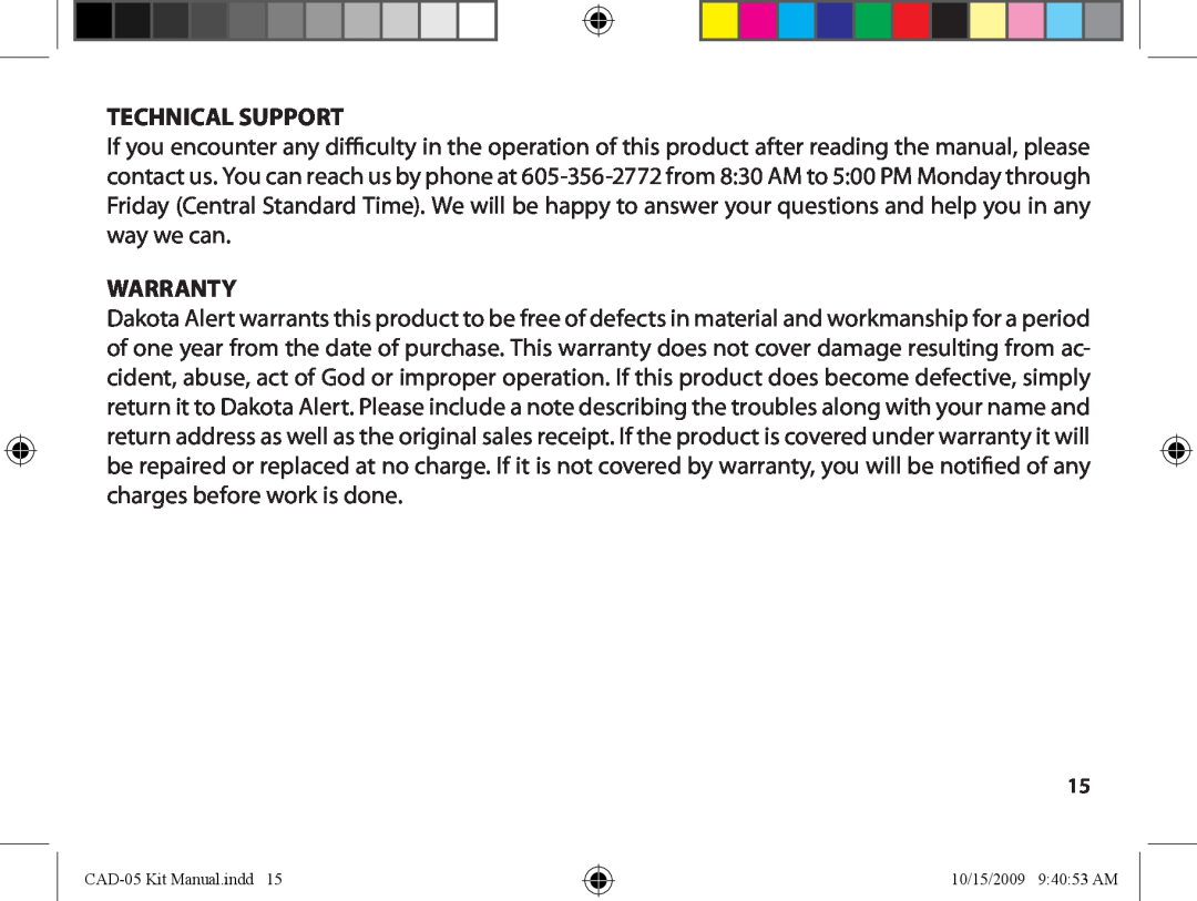 Dakota Alert Auto Dialer, CAD-05 Kit GSM owner manual Technical Support, Warranty 