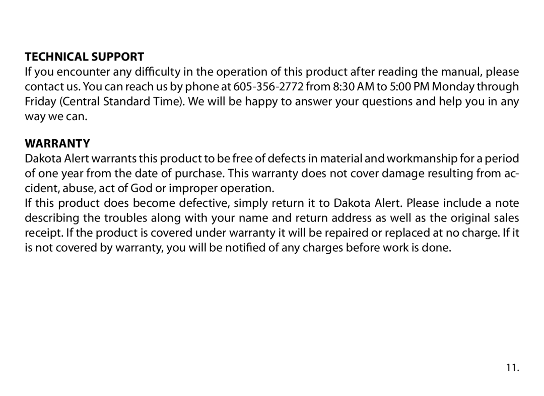 Dakota Alert DCMT-2500, Dakota Alert owner manual Technical Support 