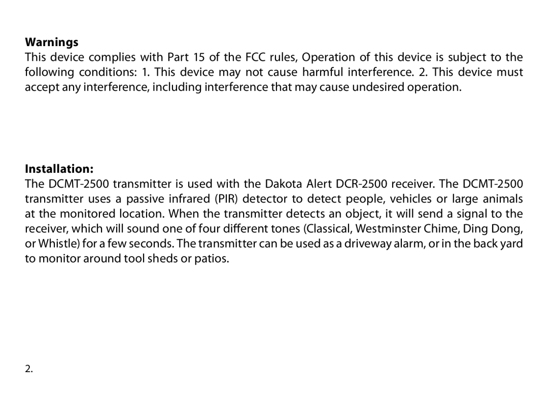 Dakota Alert Dakota Alert, DCMT-2500 owner manual Installation 