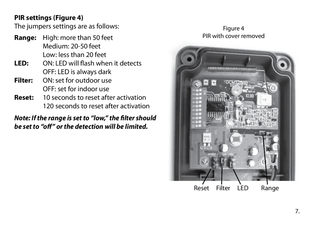 Dakota Alert DCMT-2500, Dakota Alert owner manual PIR settings Figure, Range, Filter, Reset 